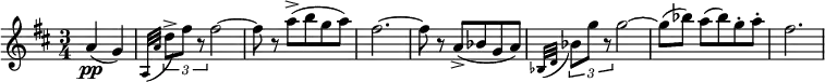  \relative c'' { \clef treble \time 3/4 \key d \major \partial 4*2 a\pp( g) | \grace { a,32[( a'] } \times 2/3 { d8)-> fis r } fis2~ | fis8 r a->( b g a) | fis2.~ | fis8 r a,->( bes g a) | \grace { bes,32[( d] } \times 2/3 { bes'8) g' r } g2~ | g8([ bes)] a([ bes) g-. a-.] | fis2. } 