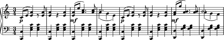 
 \relative c' {
  \new PianoStaff <<
   \new Staff { \key a \minor \time 3/4
    <<
   {
     c8( e <e a>4) s8 <e a>8 <e a>4 s4 <e a>4 <e a>8( e' <a, c>4.) <a c>8 c2. c,8( e <e a>4) s8 <e a>8 <e a>4 s4 <e a>4 <f a>8( g' <a, b>4.) <a b>8 b2.
   }
    \\
   {
     s8 s s4 r8 s8 s4 r4 s s8 s s4. s8 a4( g e) s8 s s4 r8 s8 s4 r4 s s8 s s4. s8 a4( g f) 
   }
    >>
   }
   \new Dynamics {
    s8\p s s4 s8 s s4 s s s8\mf s s4.s8 s4 s s s8\p s s4 s8 s s4 s s s8\mf
   }
   \new Staff { \key a \minor \time 3/4 \clef bass
    <c, c,>4 <e g c> <e g c> <c c,>4 <e g c> <e g c> <c c,>4 <e g c> <e g c> <c c,>4 <e g c> <e g c> <c c,>4 <e g c> <e g c> <c c,>4 <e g c> <e g c> <d d,>4 <f g b> <f g b> <d d,>4 <f g b> <f g b>
   }
  >>
 }
