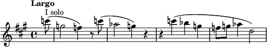 
\new staff
\relative c''' {
\set Staff.midiInstrument = #"oboe"
\key fis \minor
\time 4/4
\tempo "Largo" \tempo 4 = 50
\partial 8(^ "I solo") c8 (g2 f4) r8 c' (as2 g4) r r c (bes g f8 g as4 d,2)  
}
