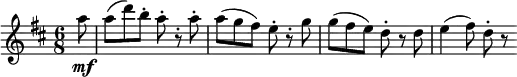  { \relative a'' { \key d \major \time 6/8
\partial 8 a8 \mf | a8( d) b-. a-. r-. a-. | a8( g fis) e-. r-. g | g8( fis e) d-. r d | e4( fis8) d-. r }} 