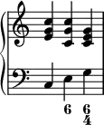 
{
     \override Score.TimeSignature #'stencil = ##f
      \new PianoStaff <<
        \new Staff <<
            \relative c' {
                \clef treble \time 3/4
                <e g c>4 <c g' c> <c e g>
                }
            >>
        \new Staff <<
           \relative c {
                \clef bass \time 3/4
                c4 e g
                }
  \figures {
    < _ >4 <6> <6 4>
  }
            >>
    >> }
