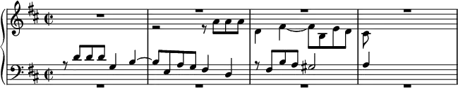 \language "english"
{
 <<
   \new PianoStaff <<
     \new Staff = "RH" \relative c'' {\key d \major \time 2/2 R1 | << {R1} \\ {r2 r8 a a a} >> | << {R1} \\ {d,4 fs~ fs8 b, e d} >> | << {R1} \\ {cs8} >> }
     \new Staff = "LH" \relative c {\key d \major \clef bass \time 2/2 << {r8 d' d d g,4 b~} \\ {R1} >> | << {b8 e, a g fs4 d} \\ {R1} >> | << {r8 fs b a gs2} \\ {R1} >> | << {a4} \\ {R1} >>}
   >>
 >>
}