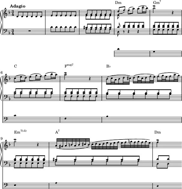  { <<
 \new PianoStaff <<
  \new Staff = "chords" << \magnifyStaff #2/3
   \new Voice \relative c' { 
   \key f \major \set Score.tempoHideNote = ##t \tempo 4 = 40 \time 3/4
   \mark \markup { \abs-fontsize #10 { \bold { Adagio } } }
   d8 d d d d d | e e e e e e | g g g g g g | \stemUp d'( f) \stemNeutral f( a) a( c16 bes) | bes2 \mordent r4 | \break
   c,8( e16 d) e8( g16 f) g8( bes16 a) | a2 \mordent r4 | bes,16( c32 a bes16 d32 cis) d16( e32 cis d16 f32 e) f16( g32 e f16 a32 g) | \break
   g2 \mordent r4 | a,32( gis a b a b cis b) cis( d cis d e d e f e f g! f g f g e) | f4 \mordent s4
  }
   \new Voice \relative c' { 
   s2. | s | \stemDown e8 e e e e e | f8 
  }
  \new Staff << \magnifyStaff #2/3
   \new Voice \relative c' { 
   \key f \major \clef F \time 3/4
   R2. | d8 d d d d d | \stemUp cis cis cis cis cis cis | d <d f>[ <d f> <d f> <d f> <d f>] | <d f> <d f> <d f> <d f> <d f> <d f> | e e e e e e | <c e> <c e> <c e> <c e> <c e> <c e> | d d d d d d | <bes d> <bes d> <bes d> <bes d> <bes d> <bes d> | cis cis cis cis cis cis | d[ d]  s4
  } 
   \new Voice \relative c' { \clef F 
   s2. | s | \stemDown a8 a a a a a | d, r r4 r | g8 g g g g g | c8 c c c c c | f, f f f f f | bes bes bes bes bes bes | e, e e e e e | a a a a a a | d,[ d] s4
  }
 \addlyrics \with { alignAboveContext = "chords" } { \override LyricText.font-size = #-1.5 _ _ _ _ _ _ Dm \markup{\concat{Gm\super{7}}} _ _ _ _ _ C _ _ _ _ _ \markup{\concat{F\super{maj7}}} _ _ _ _ _ B♭ _ _ _ _ _ \markup{\concat{Em\super{7(♭5)}}} _ _ _ _ _ \markup{\concat{A\super{7}}} _ _ _ _ _ Dm }
>> >> >>
\new Staff \with {
      \omit TimeSignature
      \magnifyStaff #2/3
      firstClef = ##f
    } \relative c' 
 { \hide Staff.KeySignature \key f \major \clef bass
 {\stopStaff s2. s s \startStaff \hide Stem d8 s s s s s g, s s s s s c s s s s s f, s s s s s bes s s s s s e, s s s s s a s s s s s d,}} 
 >> }
\layout { line-width = #150 }
