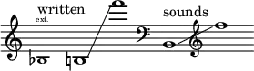 
    {
      \new Staff \with { \remove "Time_signature_engraver" }
      \clef treble \key c \major ^ \markup "written" \cadenzaOn
      \tweak font-size #-2 bes1 \finger \markup \text "ext."
      b1 \glissando f'''1
      \clef bass ^ \markup "sounds" b,1 \glissando \clef treble f''1
    }
  