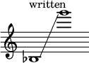 
    {
      \new Staff \with { \remove "Time_signature_engraver" }
      \clef treble \key c \major ^ \markup "written" \cadenzaOn
      bes1 \glissando g'''1
    }
  