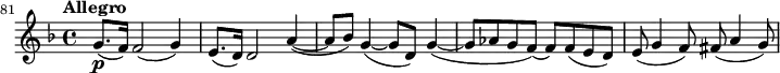 
\relative c' {
   \key d \minor \time 4/4 \tempo "Allegro"
  \set Staff.midiInstrument = "violin"
  \set Score.tempoHideNote = ##t \tempo 4 = 128
  \set Score.currentBarNumber = #81 \bar ""
 g'8.\p( f16) f2( g4) e8.( d16) d2 a'4(~ a8 bes) g4(~ g8 d) g4(~ g8 aes g f)~ f f(e d) e( g4 f8) fis( a4 g8) }
