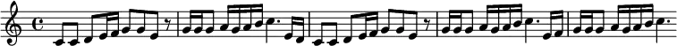 
 \relative
 { \set Score.tempoHideNote = ##t \tempo 4 = 100 \set Staff.midiInstrument = #"vibraphone"
  \key c \major
  \time 4/4
  c'8 c d e16 f g8 g e r8
  | % 2
  g16 g g8 a16 g a b c4. e,16 d
  | % 3
  c8 c d e16 f g8 g e r8
  | % 4
  g16 g g8 a16 g a b c4. e,16 f
  | % 5
  g g g8 a16 g a b c4.
}
