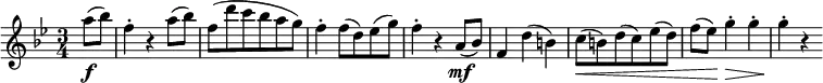 
\relative a'' {
\key bes \major \time 3/4
\partial 4 a8( \f bes) | f4-. r a8( bes)
f8( d' c bes a g) | f4-. f8( d) es( g) | f4-. r a,8( \mf bes)
f4 d'( b) | c8( \< b) d( c) es( d)
f8(  es) \! \once \override Hairpin.extra-offset = #'( 0 . -0.8) g4-.\> g-. |g4-. \! r
} 