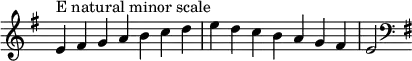  {
\omit Score.TimeSignature \relative c' {
  \key e \minor \time 7/4 e^"E natural minor scale" fis g a b c d e d c b a g fis e2 \clef F \key e \minor
} }
