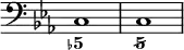 { \override Score.TimeSignature #'stencil = ##f \time 4/4 \key c \minor \clef bass << { c1 c } \figures { < 5- >1 < 5/ > } >> }