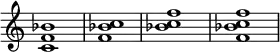 
{
\override Score.TimeSignature #'stencil = ##f
\relative c' { 
  \clef treble \time 4/4 <c f bes>1 <f bes c> <bes c f> <f bes c f>
} }
