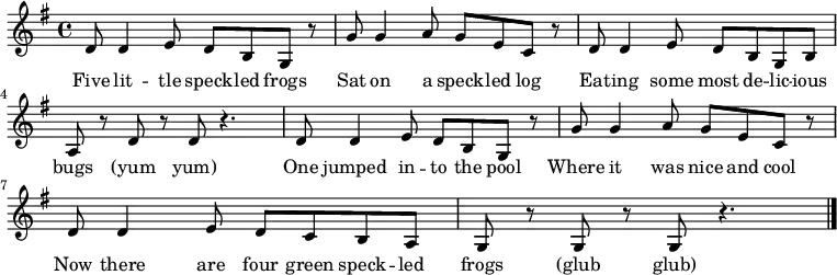  \transpose bes d { \key ees \major \time 4/4 bes'8 bes'4 c''8 bes' g' ees' r | ees'' ees''4 f''8 ees'' c'' aes' r | bes' bes'4 c''8 bes' g' ees' g' | f' r bes' r bes' r4. | bes'8 bes'4 c''8 bes' g' ees' r | ees'' ees''4 f''8 ees'' c'' aes' r | bes' bes'4 c''8 bes' aes' g' f' | ees' r ees' r ees' r4. \bar "|." } \addlyrics { Five lit -- tle speck -- led frogs Sat on a speck -- led log Eat -- ing some most de -- lic -- ious bugs (yum yum) One jumped in -- to the pool Where it was nice and cool Now there are four green speck -- led frogs (glub glub) } 