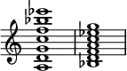 
{
\override Score.TimeSignature #'stencil = ##f
\relative c' { 
  \clef treble \time 4/4 <a d g c f bes es>1 <bes d f a c es g>
} }
