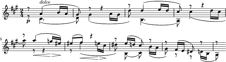 
{
#(set-global-staff-size 19)
\relative a' {
 \key a \major \time 2/4
 \set Score.tempoHideNote = ##t \tempo 4 = 60
 \set Staff.midiInstrument = "violin"
 <<
 {r8\p a4^\markup { \italic dolce }(b16 a | gis8) r8 r4 | r8 d'4(e16 d |
 cis8) r8 r4 \break
 \overrideProperty Score.NonMusicalPaperColumn.line-break-system-details #'((Y-offset . 17))
 r8 a'4(\< g16\> eis)\! | eis8(fis) r4 | r8 e16(d cis8) r | r fis,16(e dis8) r | r8 }
 \\
 {r8 cis4.(| d8) gis4(a16 gis | d'8) b,4.(| a8) cis'4(d16 cis | a'8) r r4 | r8 fis4(\< e16\> cis\! | dis8)\noBeam b,(cis)\noBeam b'16(a | gis8) r r d16(b | a8) }
 >>
}
}
