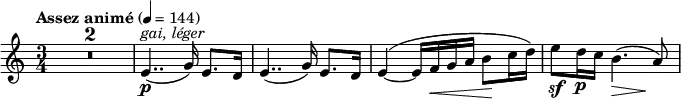 
\relative c' {
 \tempo "Assez animé" 4=144 \key c \major \time 3/4
 \compressEmptyMeasures R2.*2 e4..\p ^\markup { \italic { gai, léger } } ( g16) e8. d16
 e4..( g16) e8. d16 e4~ ^( e16 f\< g a b8\! c16 d) e8\sf d16\p c b4.*2/3\> ( s8\! a8)
}
