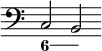 { \override Score.TimeSignature #'stencil = ##f \time 6/4 \clef bass << { c2 b, } \figures { \bassFigureExtendersOn < 6 >2 < 6> } >> }