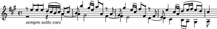  { \tempo 4 = 132 \set Score.tempoHideNote=##t \set Staff.midiInstrument = "violin" \relative e'' { \key a \major \time 4/4
<< \new Voice = "first" { \voiceOne r8 e-. e-. e-. d16( cis b cis) a8-. cis-. | b8 b'4 gis16( e) a8-. a,-. r a |
   gis8 gis'4 e16( cis) fis8-. fis,-. r fis | e8 e'4 cis16( a) d8( e16 fis e8 d-.) | cis4}
   \new Voice = "second" \relative a' { \voiceTwo r2 _\markup { \italic "sempre sotto voce" } r4 a~ | a4 gis2 fis4~ |
   fis4 e2 d4~ | d4 cis b8( a) gis4 | a8 } >> }}
\layout { \context { \Score \override SpacingSpanner.common-shortest-duration = #(ly:make-moment 1/8) }} 