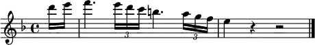 
\relative c''' {
  \key f \major
  \partial 8 d16 e |
  f4. \times 2/3 { e16 d c } b4. \times 2/3 { a16 g f } |
  e4 r r2 | \bar "|."
}
