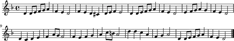 
 \relative d' {\set Staff.midiInstrument = #"church organ" \set Score.tempoHideNote = ##t \tempo 4 = 75
   \key d \minor
   \time 4/4
  d4 d8 e f g a4 f e d2
  f4 e d cis d8 e f4 e2
  d4 d8 e f g a4 f e d2
  e4 f8 g a4 g f e d2
  d4 c d e f a8 g f2
  f4 e f g a c8 b a2
  d4 d c a f g a2
  d,4 d8 e f g a4 f e d2
  \bar "|."
  }
 