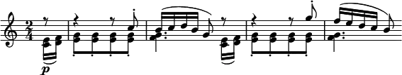 { { \key c \major \time 2/4
<< \new Voice \relative f''{
     \partial 8 \stemUp \slurUp f8\rest | f4\rest f8\rest c^.
     b16( c d b g8) f'8\rest | f4\rest f8\rest g^. | f16( e d c b8) }
   \new Voice \relative e' {
     \partial 8 \stemDown \slurDown <e c>16( \p <f d>)
     <g e>8_.[ <g e>_. <g e>_. <g e>_.] | <g f>4. <e c>16( <f d>)
     <g e>8_.[ <g e>_. <g e>_. <g e>_.] | <g f>4. } >> }}