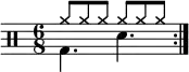 
   \new Staff <<
       \new voice \relative c' {
           \clef percussion
           \numericTimeSignature
           \time 6/8
           \set Score.tempoHideNote = ##t \tempo 4. = 80
           \stemDown \repeat volta 2 { g4. d' }
       }
       \new voice \relative c'' {
           \override NoteHead.style = #'cross
           \stemUp \repeat volta 2 { a8 a a a a a }
       }
   >>