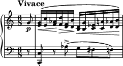 
\new PianoStaff <<
\new Staff = "Up" \with { \magnifyStaff #3/4 } <<
\new Voice \relative c' {
\clef treble
\tempo "Vivace"

\set Score.tempoHideNote = ##t \tempo 4. = 84

\time 6/8
\key c \major
\partial 8
g'8 \p <e g>16 \< ^(<e c'> <f aes> \! <f d'> \> <d f> <d b'> \! <b d> \< <b g'> <c ees> <c a'> <d aes'> <d b'> \!)
}
>>
\new Staff = "Down" \with { \magnifyStaff #3/4 } <<
\new Voice \relative c{
\clef bass
\key c \major
r8 <c, c'>-. r aes''->(g fis f)
}
>>
>>
