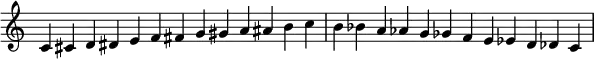 
{
  \new Staff \with { \remove "Time_signature_engraver" }
  \relative c' { \time 13/4
c cis d dis e f fis g gis a ais b c b bes a aes g ges f e es d des c \bar "|" }
}
