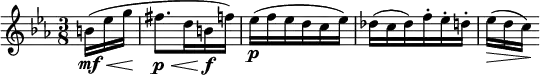  \relative c'' { \set Score.tempoHideNote = ##t \tempo 4 = 66 \set Staff.midiInstrument = #"violin" \clef treble \time 3/8 \key c \minor \partial 16*3 b16\mf(\< ees g\! | fis8.\p\< d16 b\!\f f') | ees(\p f ees d c ees) | des( c des) f-. ees-. d-. | ees(\>[ d c\!)] } 