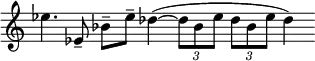  \new Staff \with { \remove "Time_signature_engraver" } \relative c'' { \clef treble \cadenzaOn ees4. ees,8-- bes'--[ ees--] des4~( \times 2/3 { des8[ bes ees] } \times 2/3 { des[ bes ees] } des4) } 