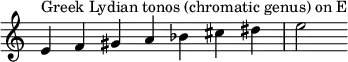  {
\override Score.TimeSignature #'stencil = ##f
\relative c' { 
  \clef treble \time 7/4
  e4^\markup { Greek Lydian tonos (chromatic genus) on E } f gis a bes cis dis e2
} }
