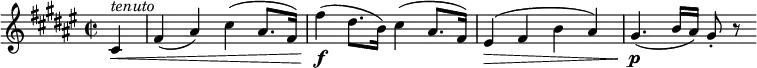 
\relative cis' {
  \key fis \major \time 2/2
  \partial 4 cis ^\markup { \italic "tenuto" } \<
  fis4( ais) cis( ais8. fis16)
  fis'4( \f dis8. b16) cis4( ais8. fis16)
  eis4( \> fis b ais)
  gis4.( \p b16 ais) gis8-. r
} 