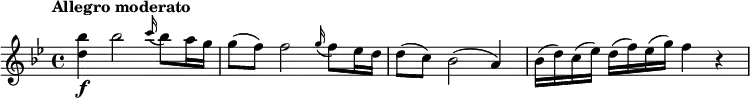 
\relative c''' { \set Score.tempoHideNote = ##t \tempo "Allegro moderato"  4 = 132
 \key bes \major
  <bes d,>4\f bes2 \grace c16( bes8) a16 g | g8( f) f2 \grace g16( f8) es16 d | d8( c) bes2( a4) | bes16(d) c(es) d(f) es(g) f4 r
}
