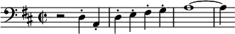 
\relative c { \set Staff.midiInstrument = #"cello" \clef bass \time 2/2 \key d \major r2 d4-. a-. | d-. e-. fis-. g-. | a1~ | a4 }
