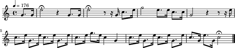 {
#(set-default-paper-size "a5")
#(set-global-staff-size 15)
\override Score.SpacingSpanner #'common-shortest-duration = #(ly:make-moment 1 8)
\tempo 4 = 176
\set Staff.midiInstrument = #"trumpet"
\relative g' {\partial 4 g8. g16 e'2\fermata r4 g,8. g16 e'2\fermata r8 r16 g,16 c8. e16 g2 e8. e16 c8. c16 g2 r4 r8 r16 e'16 %\break 
c8. e16 g,8. e'16 c8. e16 g,8. e'16 c8. e16 g8. e16 c4 g4 c8. e16 g,8. e'16 c8. e16 g,8. e'16 c8. g16 e'8. g,16 c2\fermata \bar "|."}
}