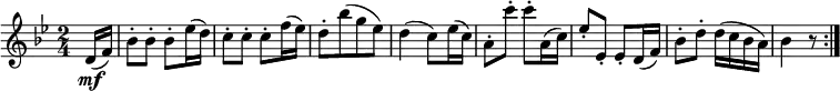  { \relative d' { \key bes \major \time 2/4
\partial 8 d16( \mf f) | bes8-. bes-. bes-. es16( d) | c8-. c-. c-. f16( es) | d8-.[ bes'( g es)] |
d4( c8) es16( c) | a8-. c'-. c-. a,16( c) | es8-. es,-. es-. d16( f) | bes8-. d-. d16( c bes a) | bes4 r8 \bar ":|." }}
\layout { \context {\Score \override SpacingSpanner.common-shortest-duration = #(ly:make-moment 1/8) }} 