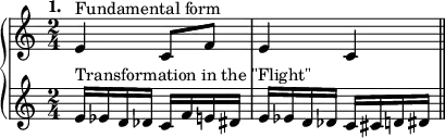 \relative c'{ \new PianoStaff << \new Staff { \tempo "1." \time 2/4 e4^"Fundamental form" c8 f e4 c \bar "||"} \new Staff { e16^"Transformation in the \"Flight\"" ees d des c f e dis e ees d des c cis d dis } >>}