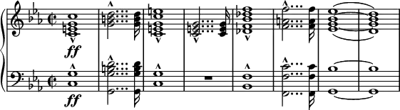 
\relative c' {
  \new PianoStaff <<
    \new Staff {
      \set Staff.midiInstrument = #"brass section" \key es \major \clef treble \time 2/2 \set Score.tempoHideNote = ##t \tempo 2 = 50
      <c e g c>1 \ff _^ |
      <g' b d>2... ^^ <g b d>16 |
      <c, e g c e>1 _^ |
      <c e g>2... _^ <c e g>16 |
      <des f bes des f>1 _^ |
      <f a f'>2... ^^ <f a f'>16 |
      \set doubleSlurs = ##t
      <es g bes es>1 ^( ~ |
      <d g bes d>1 ) |
    }
    \new Staff {
      \set Staff.midiInstrument = #"brass section" \key es \major \clef bass \time 2/2
      <c, g'>1 \ff ^^ |
      <g g' b d>2... ^^ <g g' b d>16 |
      <c g'>1 ^^ |
      R1 |
      <bes f'>1 ^^ |
      <f f' c'>2... ^^ <f f' c'>16 |
      <g bes'>1 ~ |
      <g bes'>1 |
    }
  >>
}
