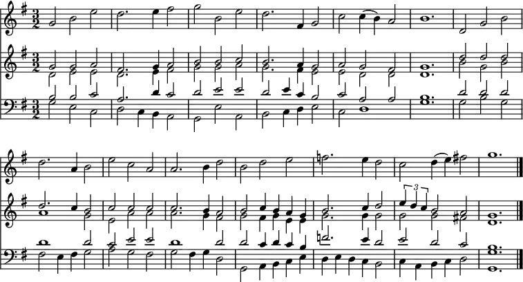 
<< <<
\new Staff { \clef treble \time 3/2 \key g \major \set Staff.midiInstrument = "choir aahs" \set Score.tempoHideNote = ##t \override Score.BarNumber  #'transparent = ##t
  \relative c''
  { g2 b e | d2. e4 | fis2 | g b, e | d2. fis,4 g2 | c2 c4( b) a2 | b1.
  d,2 g b | d2. a4 b2 | e c a | a2. b4 d2 | b d e | f2. e4 d2 | c d4( e) fis!2 | g1. \bar"|." }
}
\new Staff { \clef treble \key g \major \set Staff.midiInstrument = "church organ"
  \relative c'' 
  << { g2 g a | fis2. g4 a2 | b b c | b2. a4 g2 | a g fis | g1.
  d'2 d d | d2. c4 b2 | c c c | c2. b4 a2 | b c4 b a g | b2. c4 d2 | \tuplet 3/2 { e4 d c } b2 a | g1. } \\
  { d2 e e | d2. e4 fis2 | g g a | g2. fis4 e2 | e d d | d1.
  b'2 g b | a1 g2 | e a a | a2. g4 fis2 | g fis4 g e e | g2. g4 g2 | g g fis! | d1. } >>
}
\new Staff { \clef bass \key g \major \set Staff.midiInstrument = "church organ"
  \relative c'
  << { b2 b c | a2. d4 c2 | d e e | d e4 c b2 | c a a | b1.
  d2 d d | d1 d2 | c2 e e | d1 d2 | d c4 d c b | f'2. e4 d2 | e d c | b1. } \\
  { g2 e c | d c4 b a2 | g e' a, | b c4 d e2 | c d1 | g1.
  g2 b g | fis e4 fis g2 | a g fis | g fis4 g d2 | g, a4 b c e | d e d c b2 | c4 a b c d2 | <g g,>1. } >>
}
>> >>
\layout { indent = #0 }
\midi { \tempo 2 = 80 }
