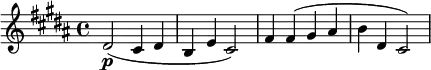 
\relative c' { \set Staff.midiInstrument = #"string ensemble 1"
  \key b \major \set Score.tempoHideNote = ##t \tempo 4 = 60
  dis2(\p cis4 dis |
  b4 e cis2) |
  fis4 fis( gis ais |
  b4 dis, cis2) |
}
