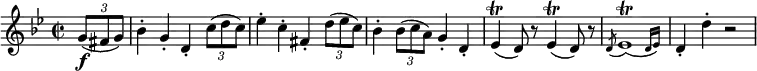 
  \relative g' {
  \key g \minor \time 2/2 \override TupletBracket.bracket-visibility = ##f
  \partial 4 \times 2/3 { g8( \f fis g) }
  bes4-. g-. d-. \times 2/3 { c'8( d c) }
  es4-. c-. fis,-. \times 2/3 { d'8( es c) }
  bes4-. \times 2/3 { bes8( c a) } g4-. d-.
  es4( \trill d8) r es4( \trill d8) r
  \acciaccatura d8 \afterGrace es1( \trill {d16 es) }
  d4-. d'-. r2
} 