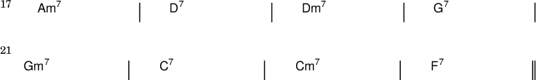 
{
\new ChordNames \with {
  \override BarLine #'bar-extent = #'(-2 . 2)
  \consists "Bar_engraver"
}
\chordmode {
  \override Score.BarNumber.font-size = #0
  \override Score.BarNumber.stencil= #(make-stencil-boxer 0.1 0.25 ly:text-interface::print)
  \set Score.barNumberVisibility = #all-bar-numbers-visible
  \set Score.currentBarNumber = #17
  \bar ""
  a1:m7 | d:7 | d:m7 | g:7 |
\break
g:m7 | c:7 | c:m7 | f:7 \bar "||"
} }
