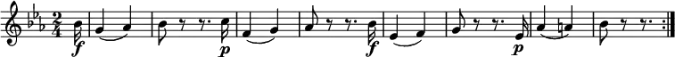 
\relative bes' {
  \key es \major \time 2/4
  \partial 16 bes16 \f
  g4( as) | bes8 r r8. c16 \p
  f,4( g) | as8 r r8. bes16 \f
  es,4( f) | g8 r r8. es16 \p
  as4( a) | bes8 r r8. \bar ":|."
} 