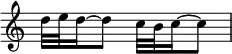  { \override Score.TimeSignature #'stencil = ##f \relative c'' { \time 2/4 d32 e d16~ d8  c32 b c16~ c8 } } 