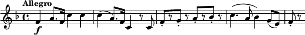 
\relative c' {
  \key f \major
  \tempo "Allegro"
  f4\f a8. f16 c'4 c |
  c4( a8.) f16 c4 r8 c |
  f8-.[ r g-.] r a-.[ r bes-.] r |
  c4.( a8 bes4) g8( e) |
  f8-. r
}
