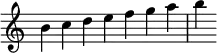 
{
\override Score.TimeSignature #'stencil = ##f
\relative c'' { 
  \clef treble 
  \time 7/4 b4c d e f g a b
} }
