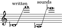 
    {
      \new Staff \with { \remove "Time_signature_engraver" }
      \clef treble \key c \major ^ \markup "written" \cadenzaOn
      bes1 \glissando f'''1
      aes1 ^ \markup "sounds" \glissando \clef treble ees'''1
    }
  