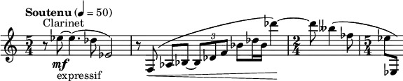 
  \relative c'' { \clef treble \time 5/4 \tempo "Soutenu" 4 = 50 r8^"Clarinet" ees~\mf_"expressif" ees4.( des8 ees,2) | r8 f,(\< aes bes~ \times 2/3 {bes des f} bes des16 bes des'4)~\! | \time 2/4 des8 beses4( fes8 | \time 5/4 ees ees,,) }
