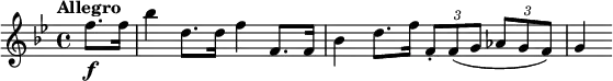 
\relative c'' {
  \key bes \major
  \tempo "Allegro"
  \partial 4 f8.\f f16 bes4 d,8. d16 f4 f,8. f16 bes4 d8. f16 \times 2/3 {f,8-. f (g} \times 2/3 {as g f)} g4
}
