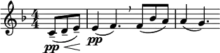  \relative c' { \clef treble \key f \major \numericTimeSignature \time 4/4 \partial 8*3 c8(\pp\<-- d-- e--)\! | e4\pp( f4.)\breathe f8( bes a) | a4( g4.) } 