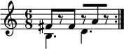 
\new Staff <<
 \new voice \relative c' {
  \clef treble
  \time 6/8
  \set Score.tempoHideNote = ##t \tempo 4. = 80
  \stemDown \repeat volta 2 { b4. d }
  }
  \new voice \relative c' {
  \stemUp \repeat volta 2 { fis8[ r fis] r[ a r] }
  }
>>
